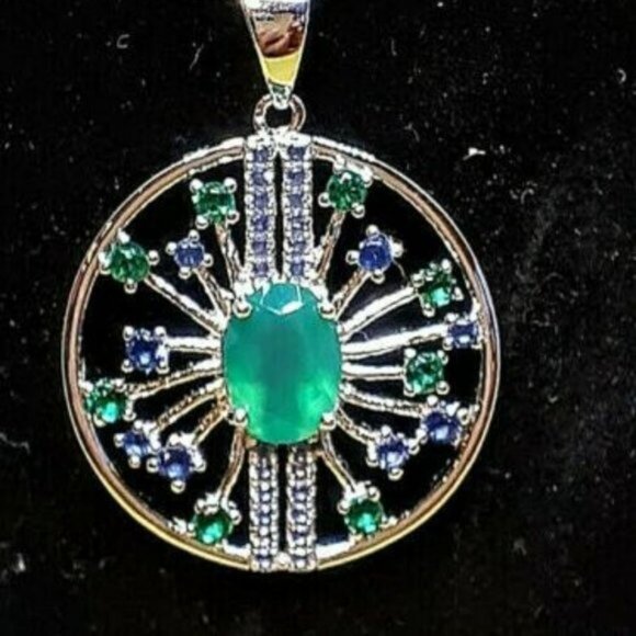 Natural Green Agate & CZ 925 Sterling Silver Necklace - Picture 4 of 7